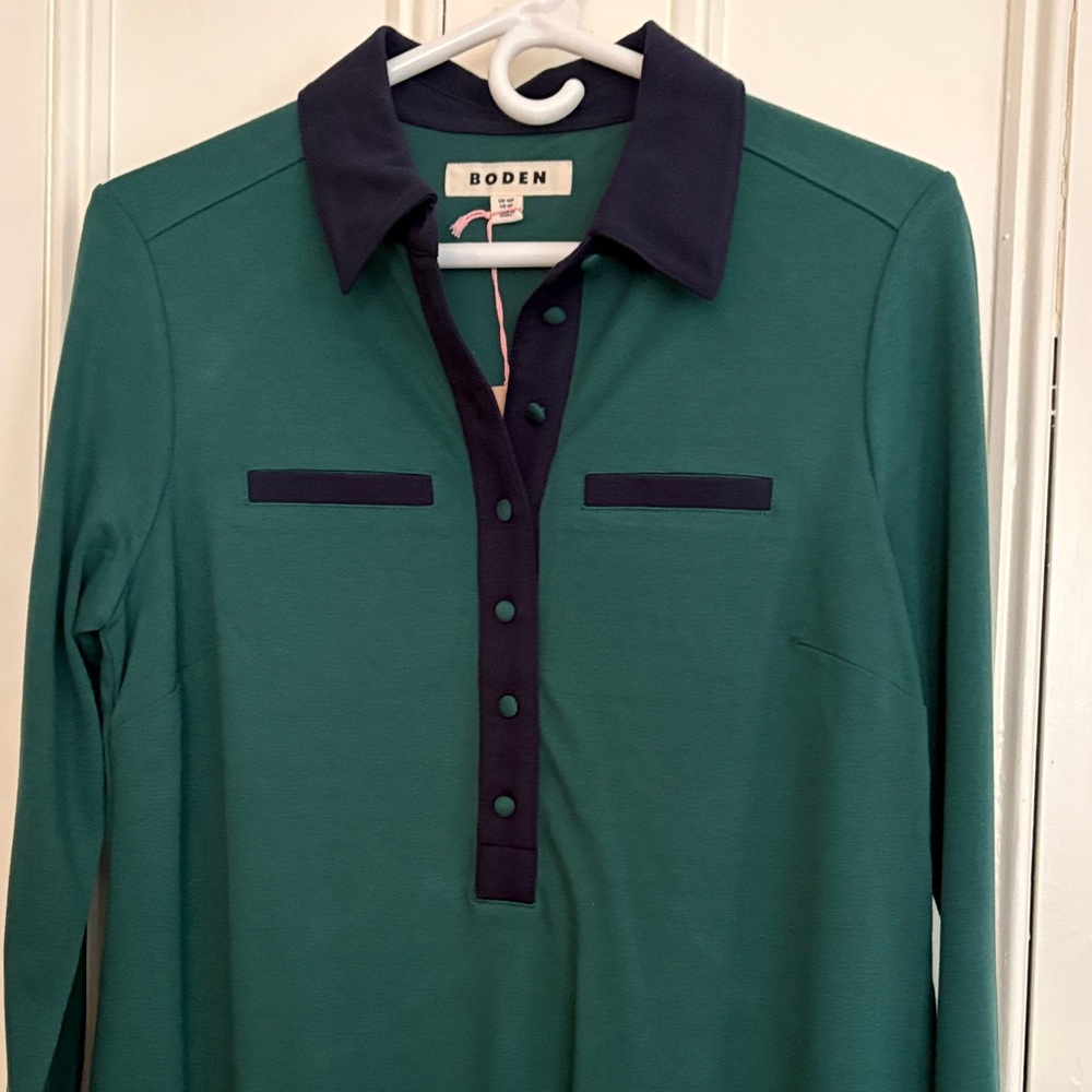 Boden Deep Green Long-Sleeve Polo Dress with Navy Trim - Size 6P NWT - Picture 7 of 7